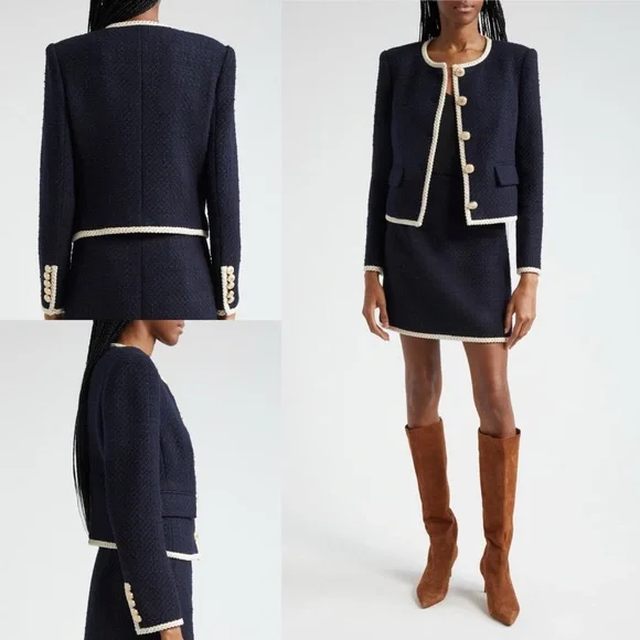 Veronica Beard Mabel Tweed Jacket Blazer Navy Ivory Trim Size 12 - Picture 3 of 16